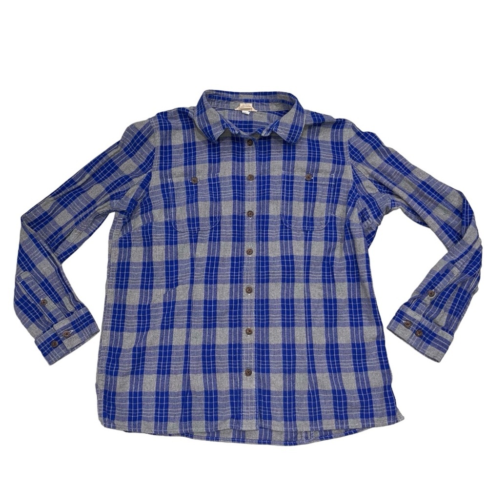 Duluth Trading Company Blue Plaid Flannel Swinging Free Long Sleeve Shirt Top M